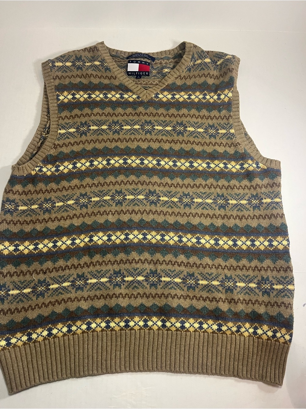 Tommy Hilfiger Tan Fair Isle V-Neck Sweater Vest with Yellow and Blue Accents
